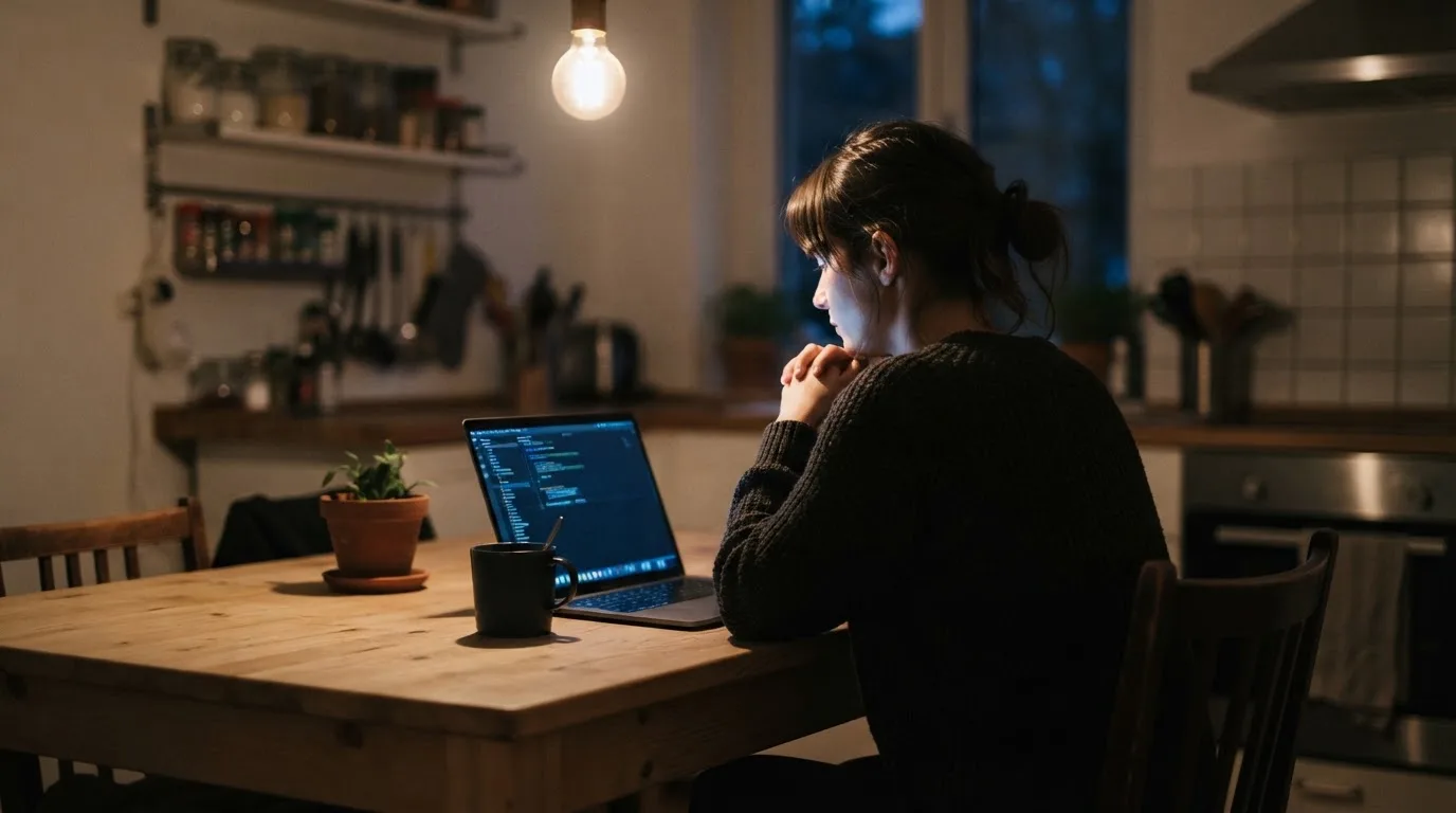 Een persoon zit alleen aan een keukentafel en kijkt bedachtzaam naar een laptop in de avond.
